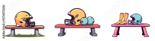 Helmets and pads on benches in bright clean pastel colors with smooth outline  
