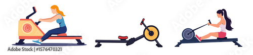 Female athletes exercising on rowing machines in bright pastel colors  