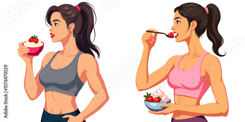 Fit woman eating protein yogurt and enjoying healthy snacks  
