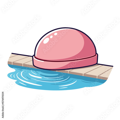Pink swimming cap on edge of pool with rippling water effect  