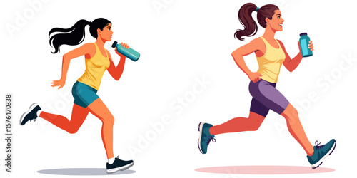 Woman running with supplement bottle in bright pastel colors, outline style  