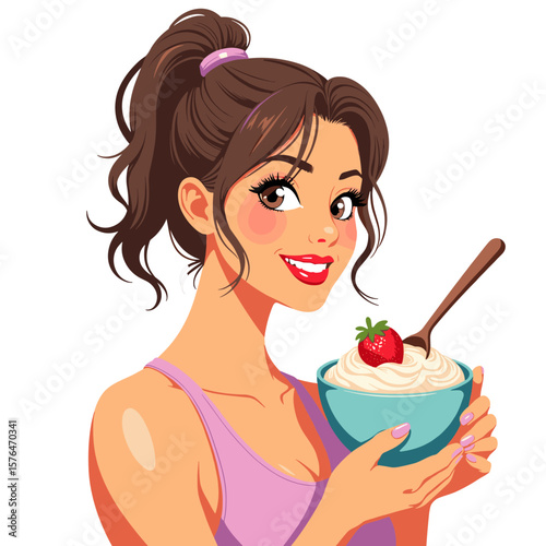Fit woman smiling while eating protein yogurt with strawberry  