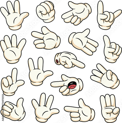 Cartoon hands set in various gestures and poses isolated on white background for design