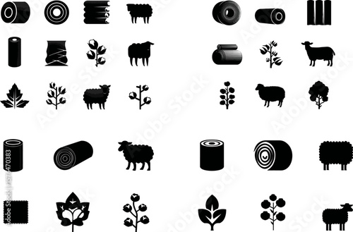 Black and white vector icons of cotton sheep wool textile and fabric production set