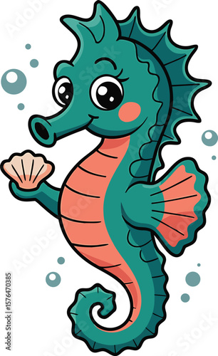 Cartoon illustration of a friendly seahorse holding a seashell with bubbles around it