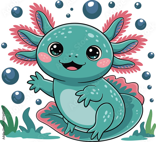 Cute cartoon axolotl illustration smiling surrounded by bubbles and aquatic plants in a bright and cheerful style