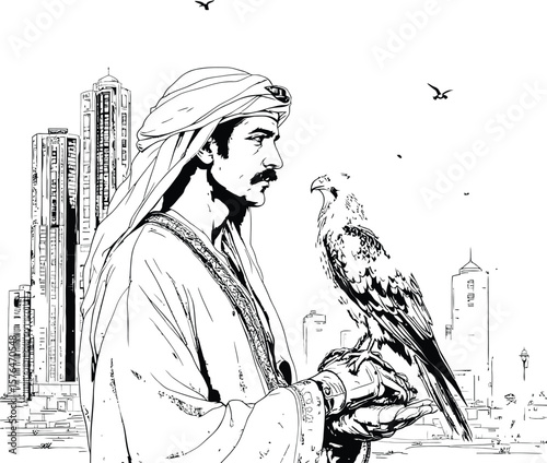 Black-and-White Vector Illustration of Falconer in Urban Desert Scene – 1-Scene Cultural Silhouette