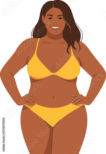 Confident black woman in yellow bikini posing with hands on hips vector illustration