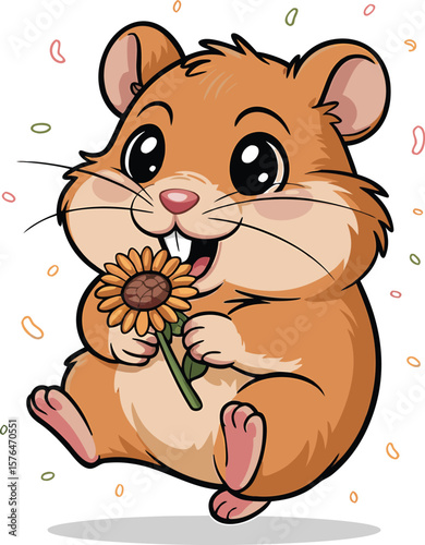Cute cartoon hamster smiling and holding a sunflower in a whimsical and playful style