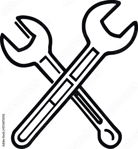 Two crossed wrenches in black outline on a white background forming an x shape tool illustration