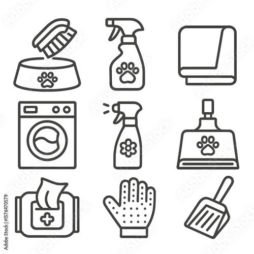 Pet Cleaning Icons. Outline style icons of Pet Bowl & Area Cleaning: bowl scrub brush, pet-safe cleaner, towel, mat washer, odor