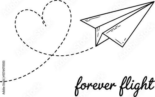 Hand drawn paper airplane following a heart shaped dotted line representing flight forever