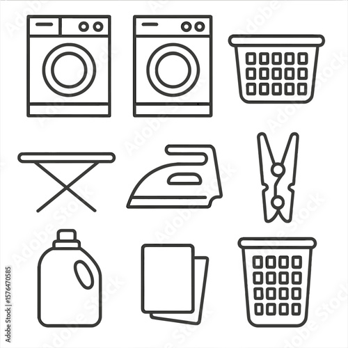 Laundry Tools Icons. Outline style icons of Laundry Area Tools: washing machine, tumble dryer, laundry basket, ironing board, iron