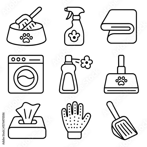 Pet Cleaning Icons. Outline style icons of Pet Bowl & Area Cleaning: bowl scrub brush, pet-safe cleaner, towel, mat washer, odor