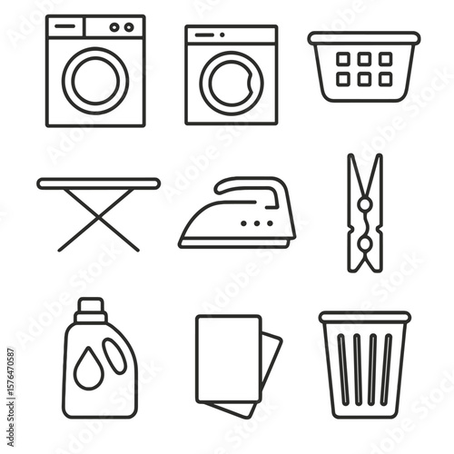 Laundry Tools Icons. Outline style icons of Laundry Area Tools: washing machine, tumble dryer, laundry basket, ironing board, iron