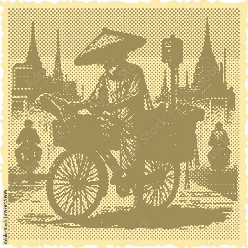  Vibrant color engraving frame stamp halftone vector design featuring a newspaper vendor on a bicycle, detailed hand-drawn style, vintage street scene illustration perfect for editorial and commercial