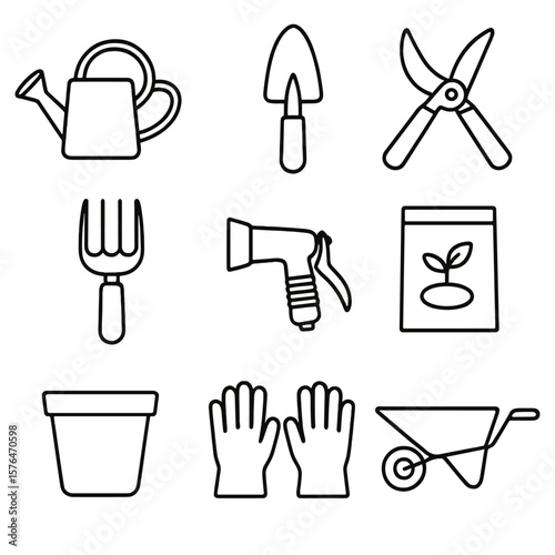 Gardening Tools Icons. Outline style icons of Gardening Tools: watering can, trowel, pruning shears, garden fork, hose nozzle,