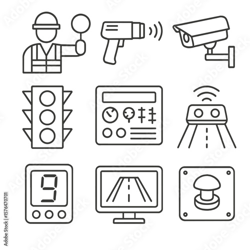 Traffic Control Icons. Line style icons of traffic management control: traffic controller, radar gun, surveillance camera, signal