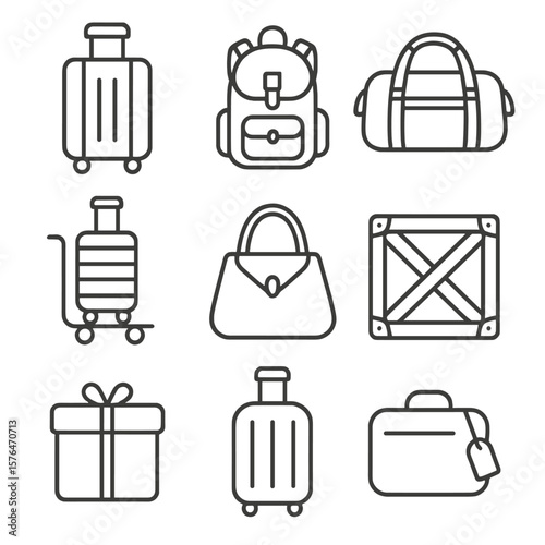 Train Station Luggage Icons. Line style icons of train station luggage: suitcase, backpack, duffel bag, trolley bag, handbag,