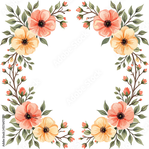 Elegant floral wreath design with peach and yellow flowers for wedding invitations and greetings