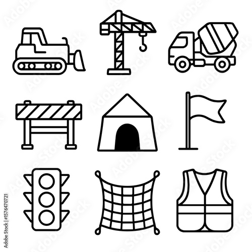 Construction Icons. Line style icons of traffic management construction: bulldozer, crane, concrete mixer, road barrier,