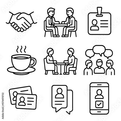 Trade Show Icons. Outline style icons of trade show networking: handshake, business meeting, discussion table, name tag, coffee