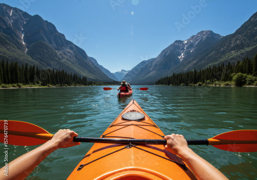 Kayaking Mountain Lake Orange Kayak Paddle Water Adventure Outdoor Recreation - POV Shot