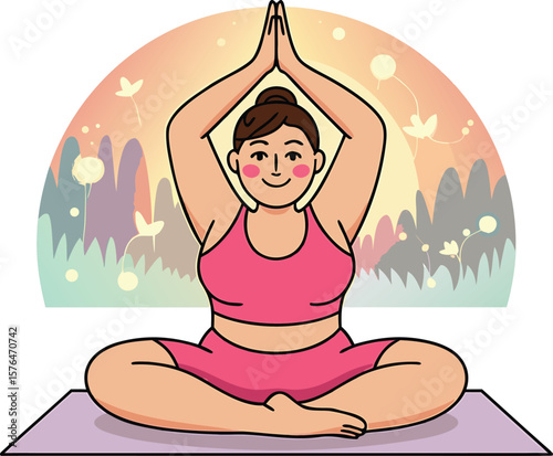 Serene woman practicing yoga in lotus position with hands in prayer pose.