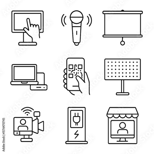 Trade Show Tech Icons. Outline style icons of trade show technology: touchscreen display, wireless mic, projector screen, laptop
