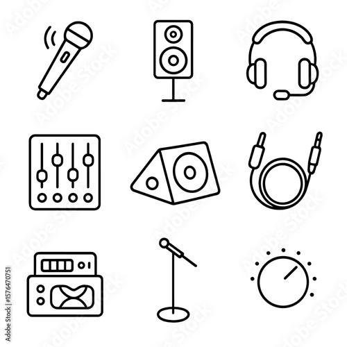 Trade Show Audio Icons. Outline style icons of trade show audio: wireless mic, speaker system, headset, sound mixer, stage monitor