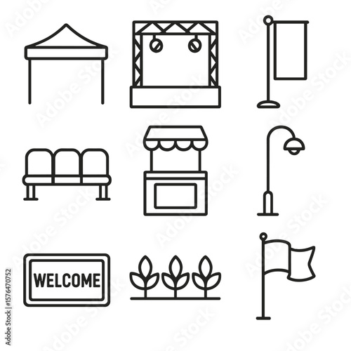 Outdoor Trade Show Icons. Outline style icons of trade show outdoor elements: tent canopy, outdoor stage, banner pole, seating row