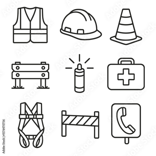 Trackside Safety Icons. Outline style icons of trackside facility safety: safety vest, hard hat, warning cone, rail guard,