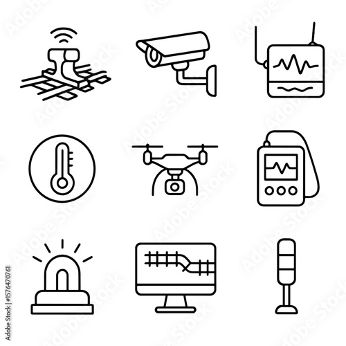 Trackside Monitoring Icons. Outline style icons of trackside facility monitoring: track sensor, video camera, vibration detector,