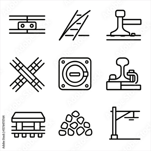 Trackside Facility Icons. Outline style icons of trackside facility tracks: rail joint, switch point, buffer stop, crossing track,
