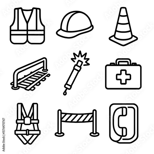 Trackside Safety Icons. Outline style icons of trackside facility safety: safety vest, hard hat, warning cone, rail guard,