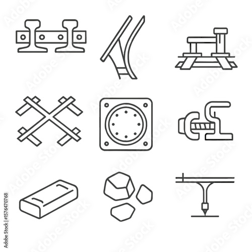 Trackside Facility Icons. Outline style icons of trackside facility tracks: rail joint, switch point, buffer stop, crossing track,