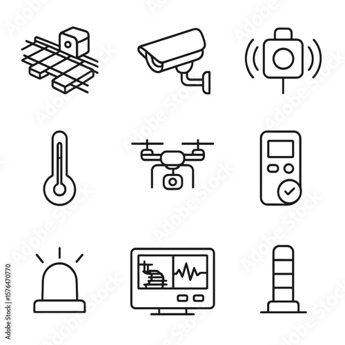 Trackside Monitoring Icons. Outline style icons of trackside facility monitoring: track sensor, video camera, vibration detector,