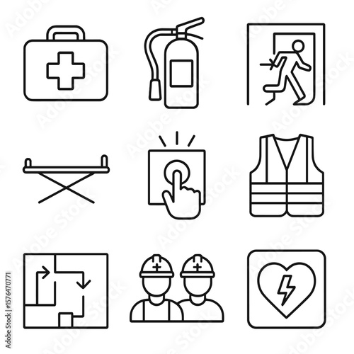 Emergency Icons Collection. Outline style icons of trade show emergency: first aid kit, fire extinguisher, emergency exit,