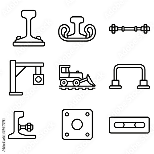 Trackside Facility Icons. Outline style icons of trackside facility support: rail support, track anchor, tension rod, alignment