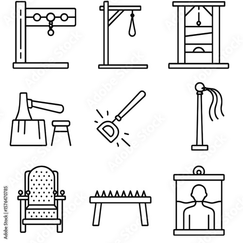 Outline Torture Implements. Outline style icons of torment implements punishment: whipping post, gallows, guillotine, execution