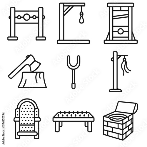 Outline Torture Implements. Outline style icons of torment implements punishment: whipping post, gallows, guillotine, execution