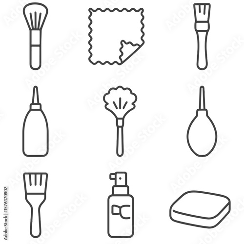 Delicate Cleaning Icons. Outline style icons of Delicate Cleaning Tools: soft detail brush, lens cleaning cloth, jewelry brush,