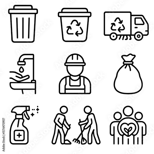 Public Sanitation Icons. Outline style icons of Public Sanitation: garbage bin, recycling container, street sweeper truck, public