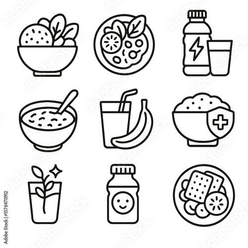 Nourishing Icons. Outline style icons of Food Recovery and Strength: protein bowl icon, iron-rich salad, electrolyte drink, soup