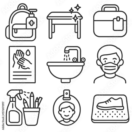 School Hygiene Icons. Outline style icons of School Hygiene: sanitizer in backpack, clean desk icon, labeled lunchbox, hygiene