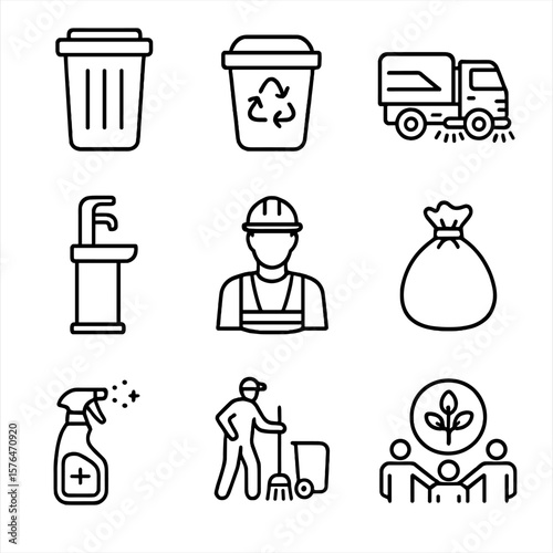 Public Sanitation Icons. Outline style icons of Public Sanitation: garbage bin, recycling container, street sweeper truck, public