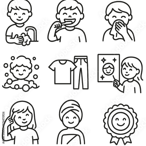 Children's Hygiene Icons. Outline style icons of Children’s Hygiene: kid washing hands, brushing teeth with smile, using tissue