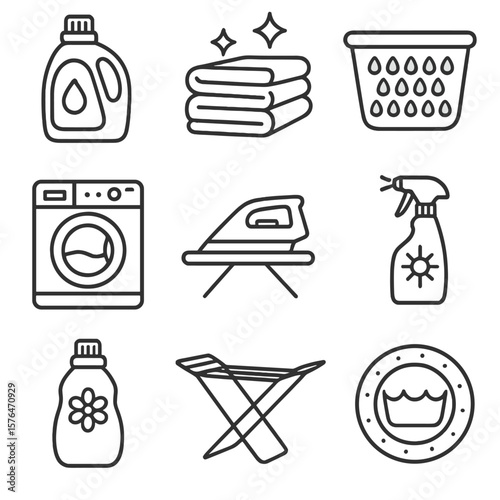 Laundry Hygiene Icons. Outline style icons of Laundry Hygiene: detergent bottle, clean folded clothes, laundry basket, washing