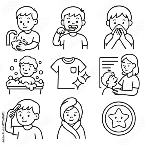 Children's Hygiene Icons. Outline style icons of Children’s Hygiene: kid washing hands, brushing teeth with smile, using tissue