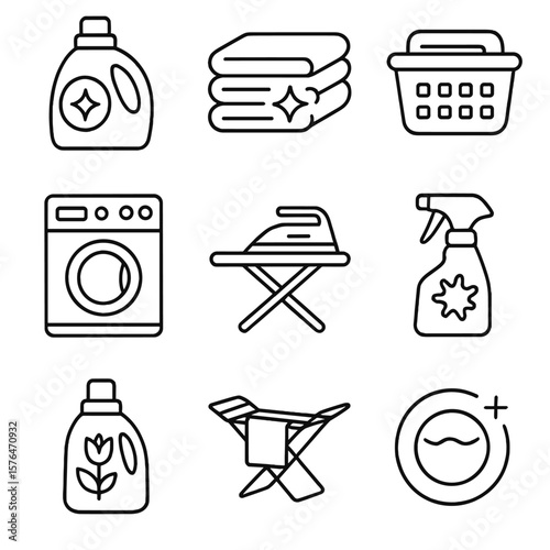Laundry Hygiene Icons. Outline style icons of Laundry Hygiene: detergent bottle, clean folded clothes, laundry basket, washing